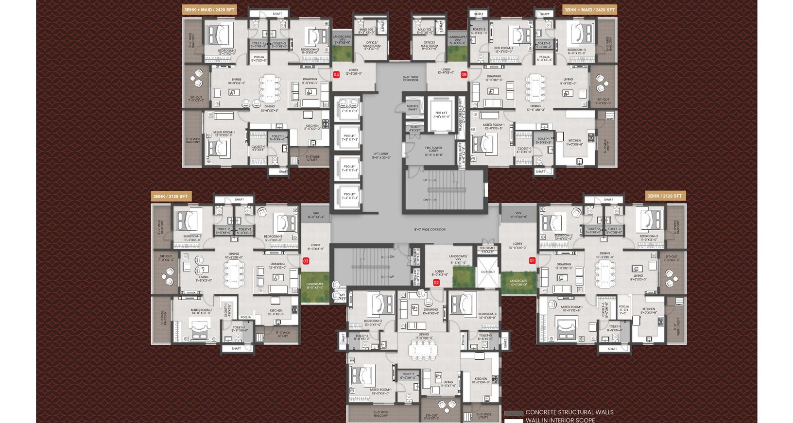 Arka – Block B & E Typical Floor Plan (3 BHK / 2120 Sft & 3 BHK + Maid / 2420 Sft)